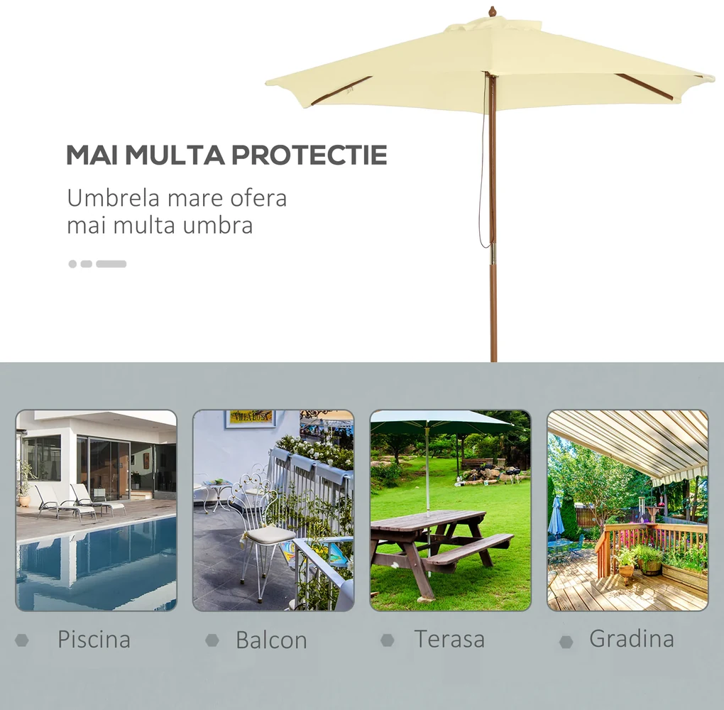 Outsunny Umbrelă de Soare pentru Grădină cu Suport din Lemn, Design Elegant, 2.5x2.3m, Crem, Protecție UV | Aosom Romania