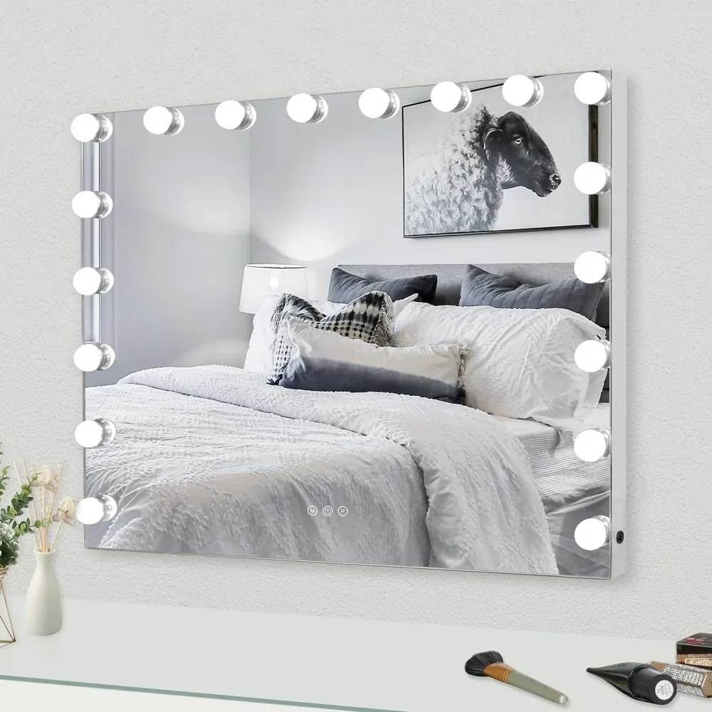 Oglindă cosmetică, sistem iluminare LED cu 3 culori, Senzor Tactil, Luminozitate Reglabilă, 18 becuri LED, Port de încărcare USB, Alb, 80x60 cm
