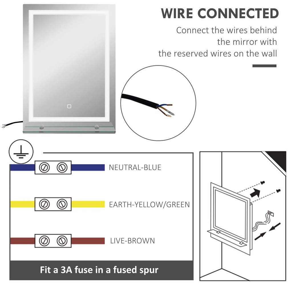 Kleankin Oglindă de Baie cu Lumini LED în 3 Culori Reglabile și Raft din Sticlă, 50x12x70 cm, Argintiu | Aosom Romania