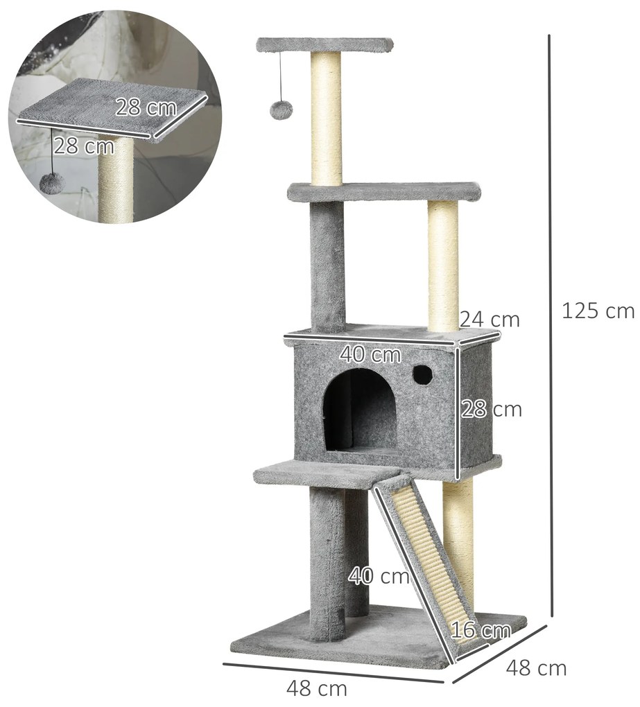 PawHut Copac pentru Pisici pe Mai Multe Niveluri cu Căsuță, Scară și Stâlpi din Sisal, Gri | Aosom Romania