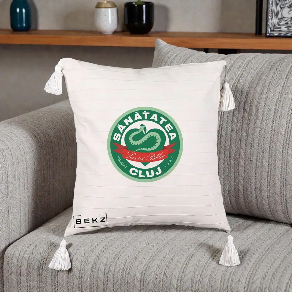 Perna Personalizata Sanatatea Cluj Servicii Publice 1986, 40x40 cm, Bej cu Franjuri, Husa Detasabila, Perna Inclusa, BEKZ®