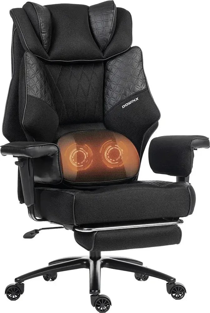 DOWINX 66B3 – Scaun directorial XXL, Extra-Lat și Construcție Heavy-Duty, Masaj Lombara Dublu, cotiere reglabile, suport pentru picioare, Rezistent 180 kg, plasă respirabilă+PU, Negru