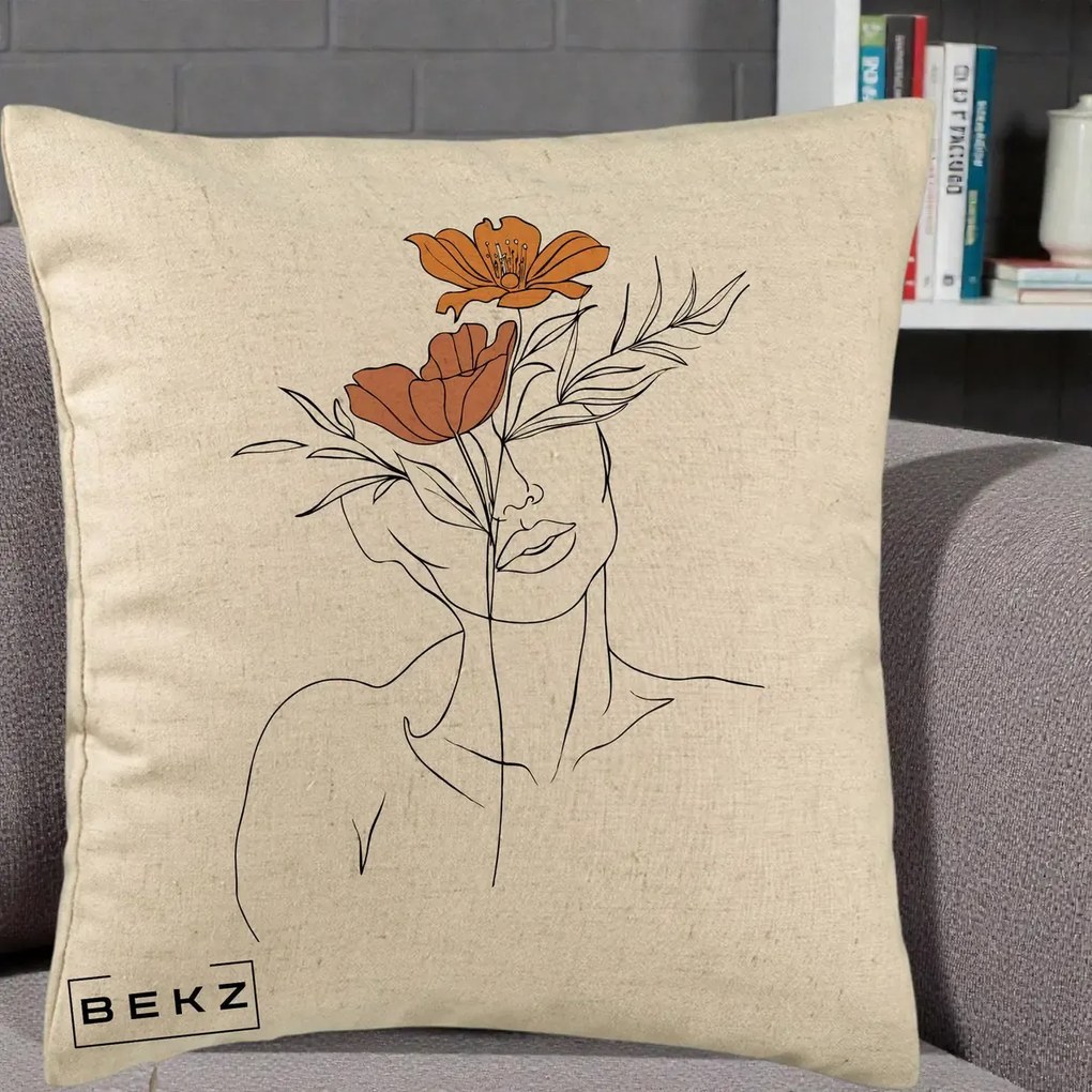 Perna Decorativa Portret Feminin Doua Flori, 40x40 cm, Bej, Husa Detasabila, Perna Inclusa, BEKZ®