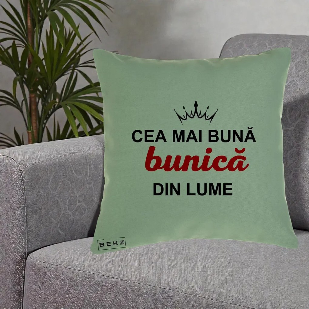 Cadou pentru Bunica - Perna Personalizata Cea Mai Buna Bunica Din Lume Coroana Neagra, 40x40 cm, Verde, Husa Detasabila, Perna Inclusa, BEKZ®
