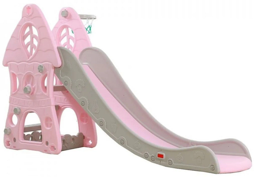 Tobogan Pentru Copii NOVOKIDS™ Jumbo Castle, Pentru Interior si Exterior, 185 cm panta alunecare, Maxim 50 Kg, Cos de baschet inclus, Castel, Roz