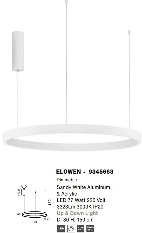 Lustra LED design circular cu iluminat sus si jos ELOWEN alb, diametru 80cm