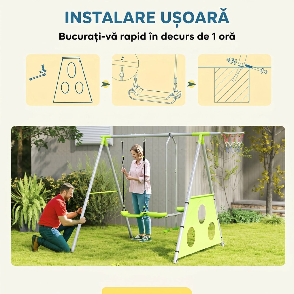AIYAPLAY Leagăn de Grădină 3 în 1 pentru Copii 3-8 Ani cu Coș de Baschet și Poartă de Fotbal, 238x180x182 cm, Verde | Aosom Romania