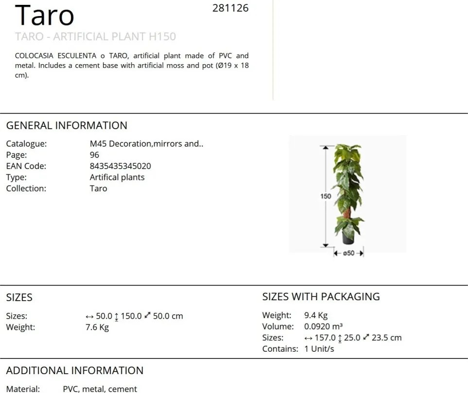 Planta artificiala decorativa Taro, H150