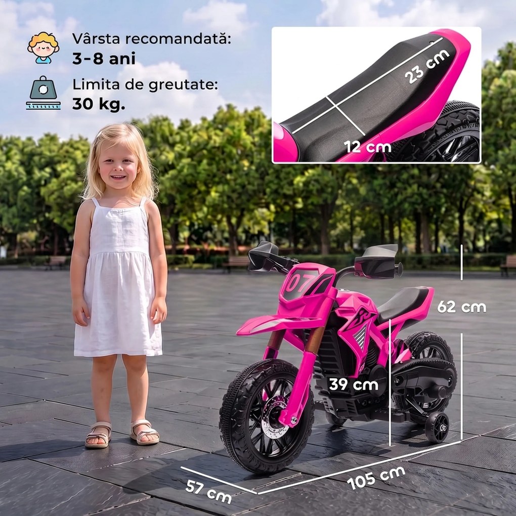 AIYAPLAY Moto cross electrică pentru copii 3-8 ani, baterie 6 V, 2 motoare, claxon și roți de antrenament, încărcare 30KG, roz | Aosom Romania