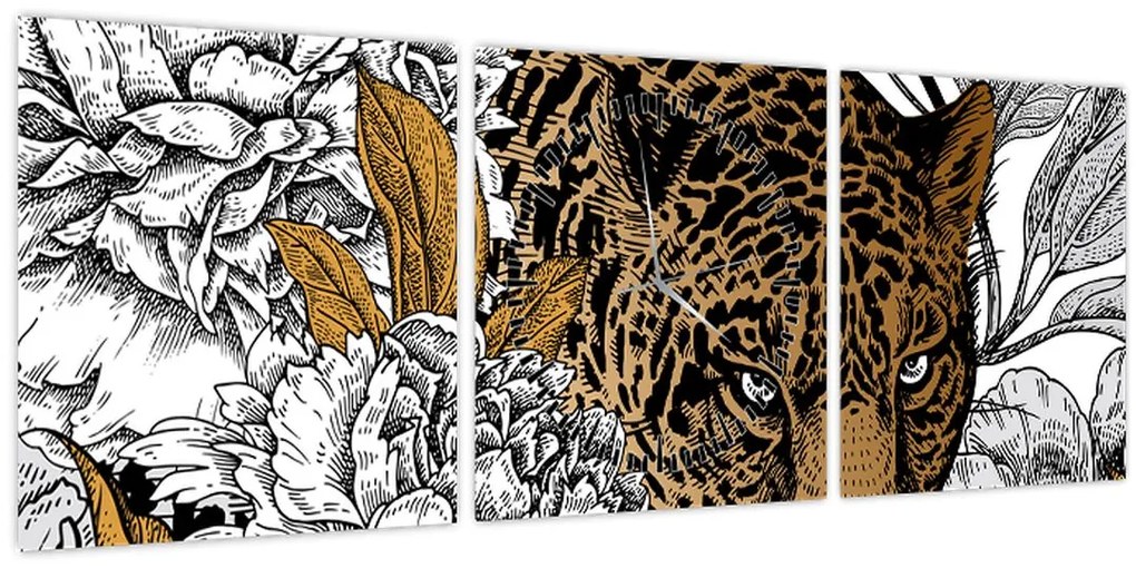 Tablou - Leopard între flori (cu ceas) (90x30 cm)
