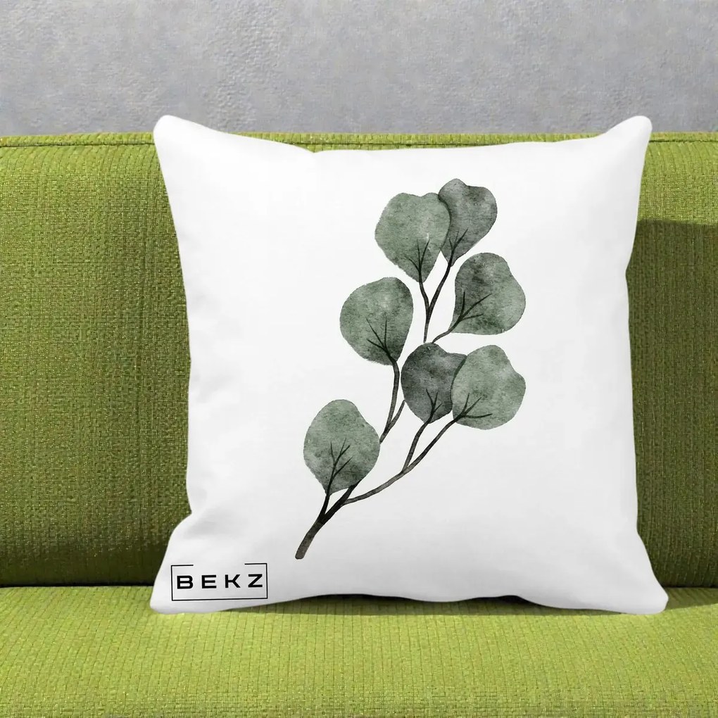 Perna Decorativa Ramura Eucalipt Acuarela, 40x40 cm, Alba Mata, Husa Detasabila, Perna Inclusa, BEKZ®