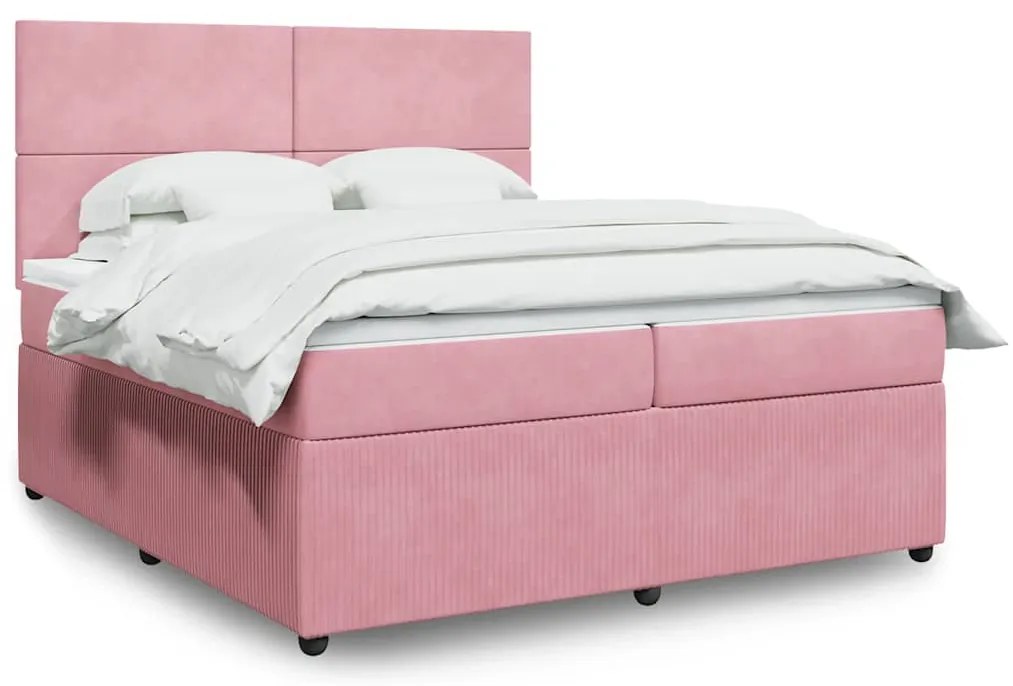 vidaXL Pat box spring cu saltea, roz, 200x200 cm, catifea