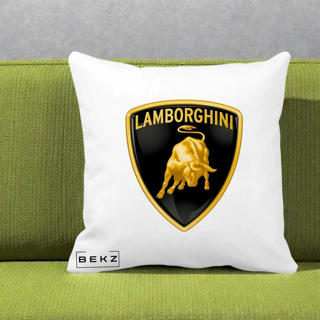 Perna Personalizata cu emblema Lamborghini, 40x40 cm, Alba Mata, Husa Detasabila, Perna Inclusa, BEKZ®