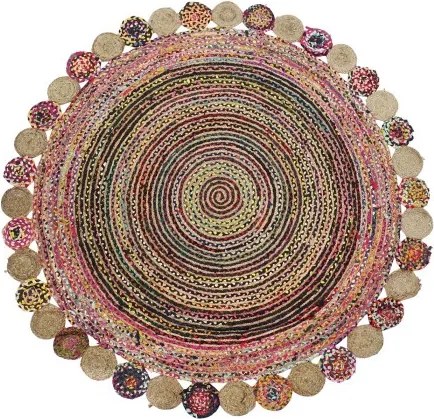 Covor rotund din bumbac și iută împletit manual, multicolor, Ø 200 cm, 2100 GSM, „Cotton Jute Carpet Multicolored"