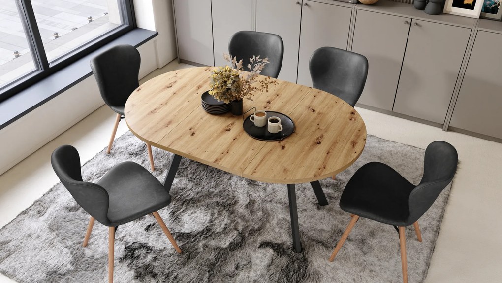 Mazzoni ALMO Stejar Artisan/picioare negre - MASĂ ROTUNDĂ EXTENSIBILĂ CU PICIOARE ÎN FORMĂ DE Y STIL LOFT PENTRU SALON/SUFRAGERIE