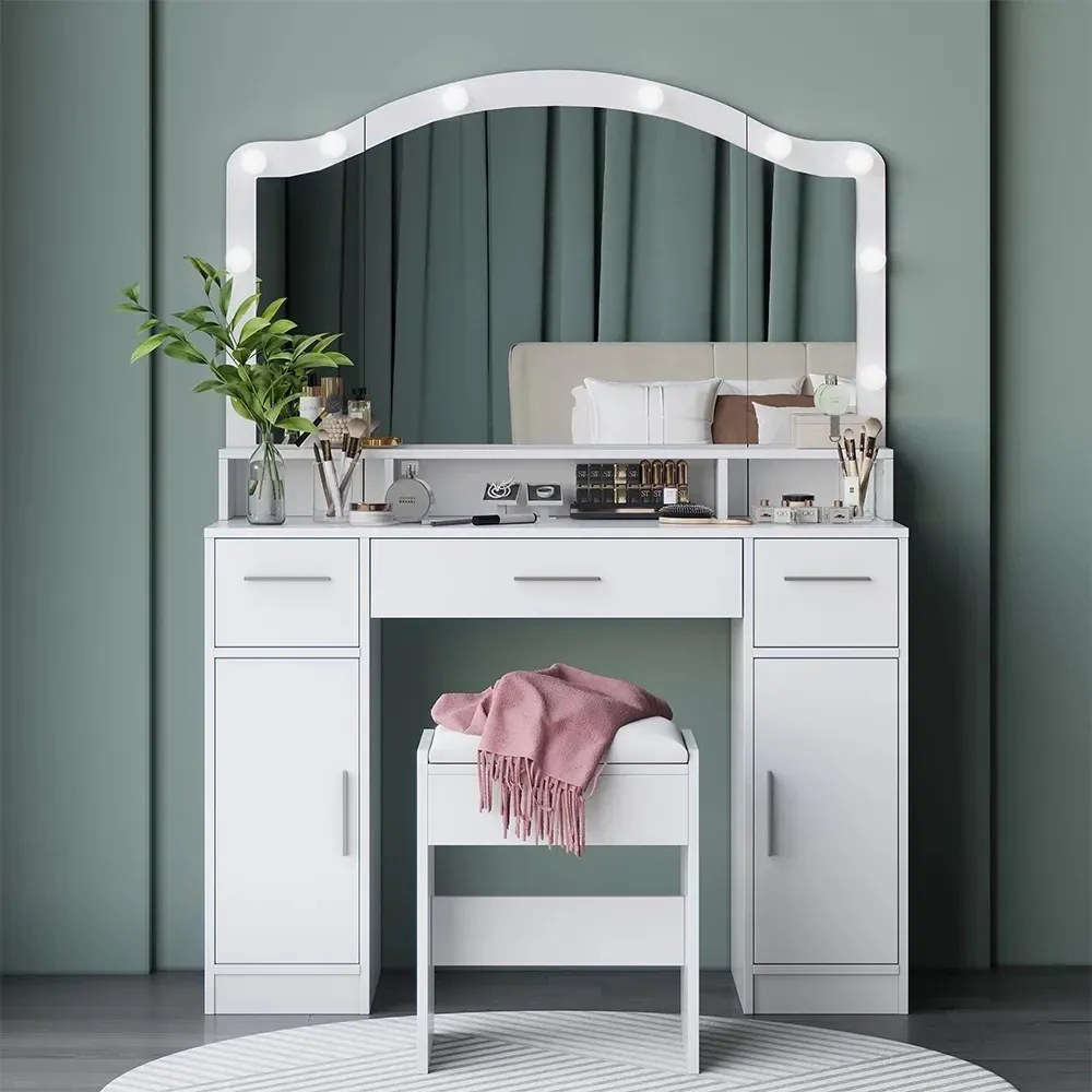 Masuta machiaj cu Oglinda LED si 3 Sertare pentru Cosmetice, Set Masa toaleta 110 cm, Alb, masuta cosmetica, vanity - SEA809