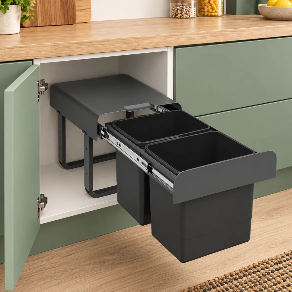 Cos gunoi incorporabil Ekko Jazz 40 Ecomax, cu extragere totala, colectare selectiva, gri antracit, 2 x 15 l Polipropilena, L:355 mm; A:470 mm; H:365