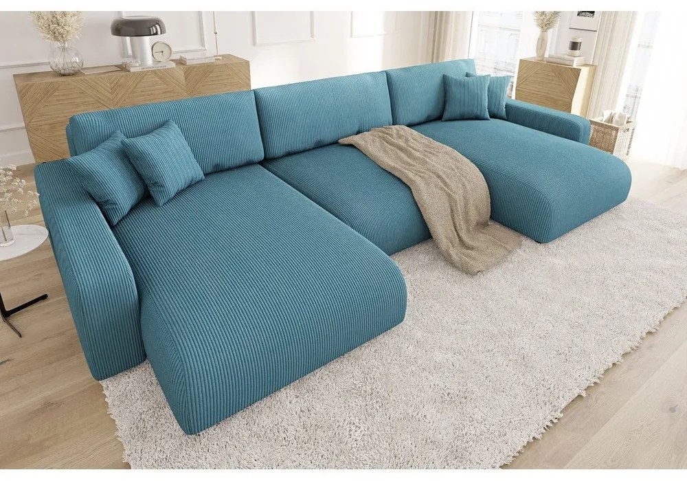 Colțar turcoaz extensibil, cu spațiu de depozitare, cu tapițerie din catifea reiată Sara – Ropez
