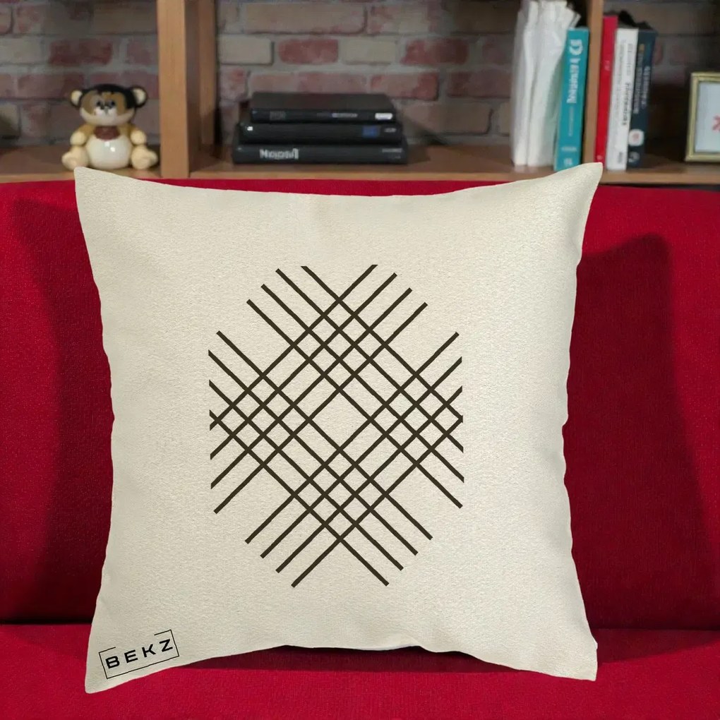 Perna Decorativa Geometric Grid, 40x40 cm, Ecru, Husa Detasabila, Perna Inclusa, BEKZ®