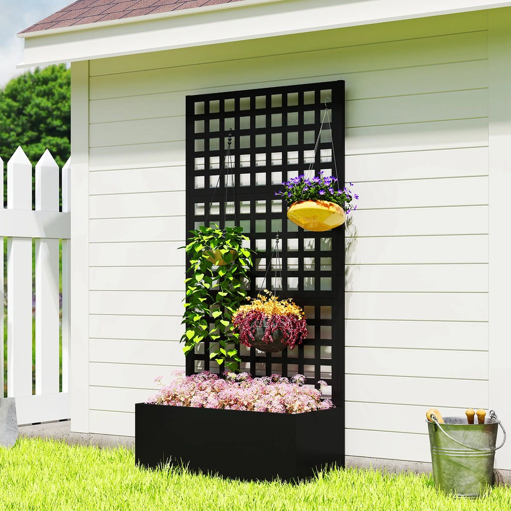 Outsunny Jardinieră cu spalier, paravan de intimitate, pat ridicat pentru grădină din oțel galvanizat, pentru plante cățărătoare, 89x40x178cm, negru | Aosom Romania