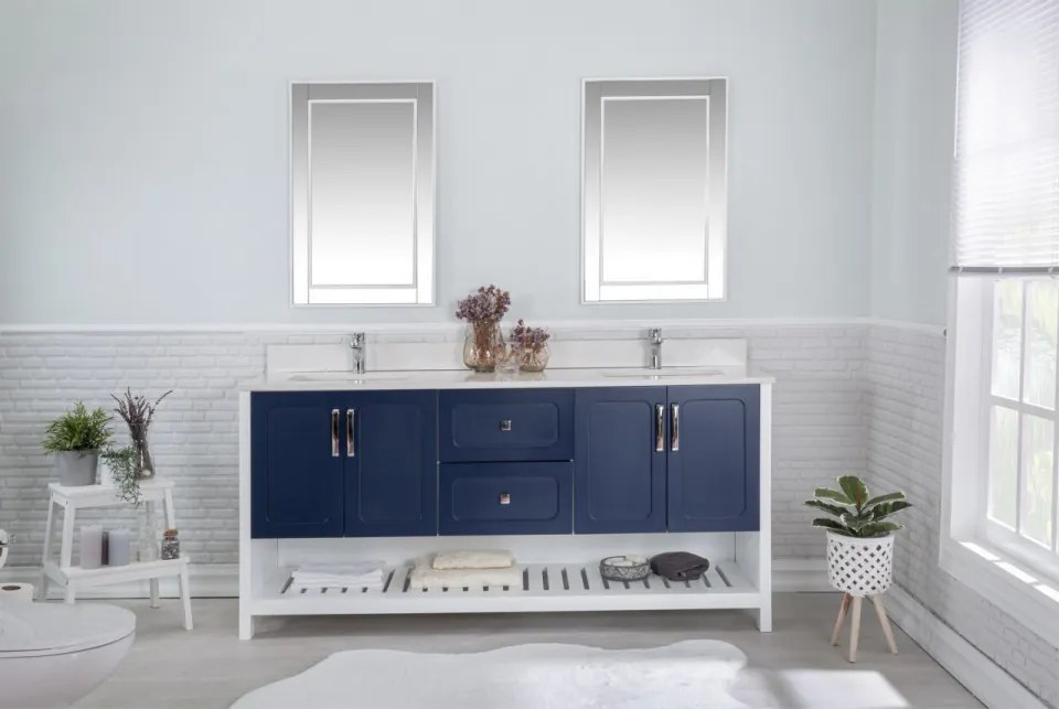 Set Mobilier Baie Yampa 72, Include Dulap Baza cu Lavoar Dublu și 2 Oglinzi, 180 cm, Albastru Inchis / Alb