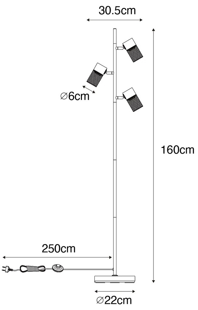 Lampă de podea industrială neagră cu 3 lumini - Jim
