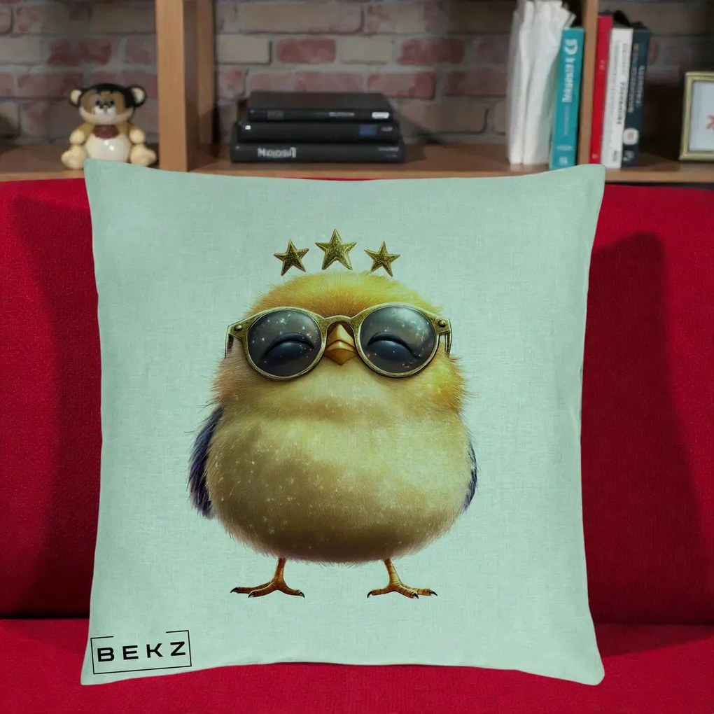 Perna Decorativa Pui Gold Star cu Ochelari Aurii, 40x40 cm, Verde Menta, Husa Detasabila, Perna Inclusa, BEKZ®