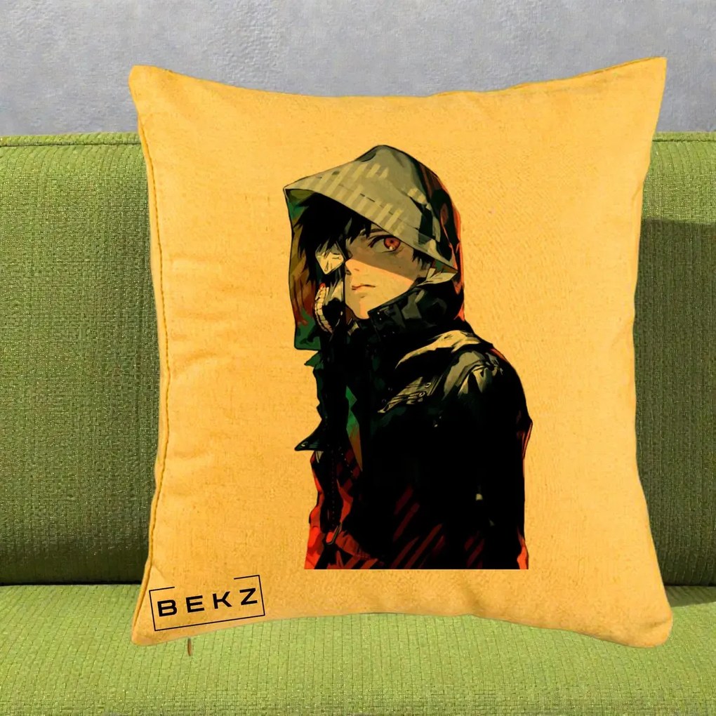 Perna Personalizata Tokyo Ghoul Ken Kaneki cu Masca si Gluga, 40x40 cm, Galben, Husa Detasabila, Perna Inclusa, BEKZ®
