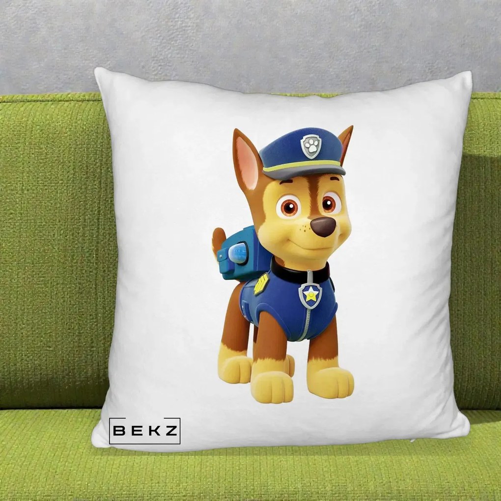 Perna Personalizata Chase PAW Patrol Albastru, 40x40 cm, Alb Pufos, Husa Detasabila, Perna Inclusa, BEKZ®