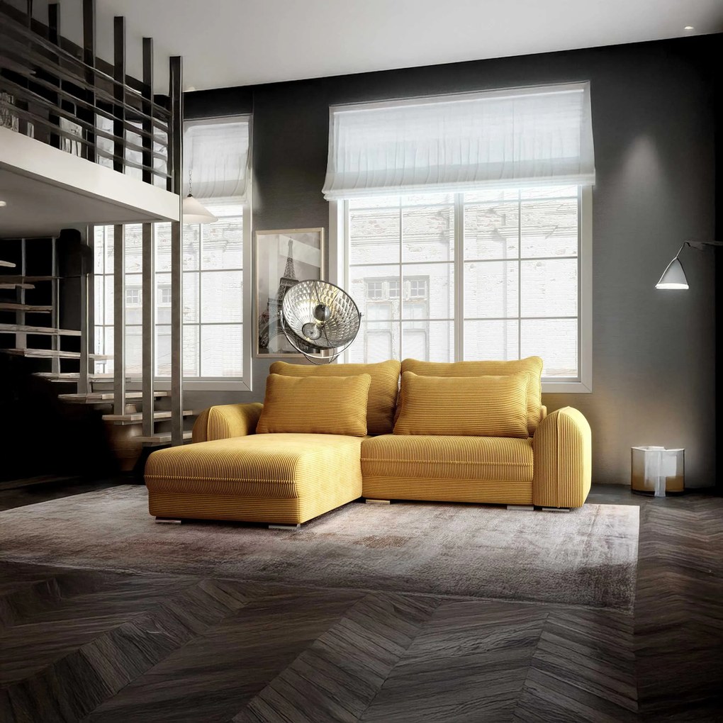 Colțar extensibil dumonde cu ladă de depozitare si sezut confortabil din spuma high-density, Denver Zoom Mustar 275x185 cm