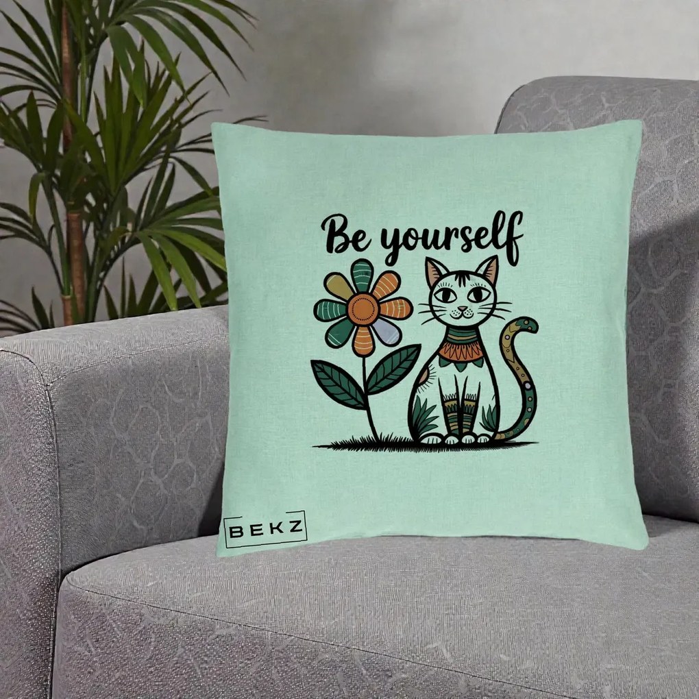 Perna Personalizata Be Yourself Pisica Folk, 40x40 cm, Verde Menta, Husa Detasabila, Perna Inclusa, BEKZ®