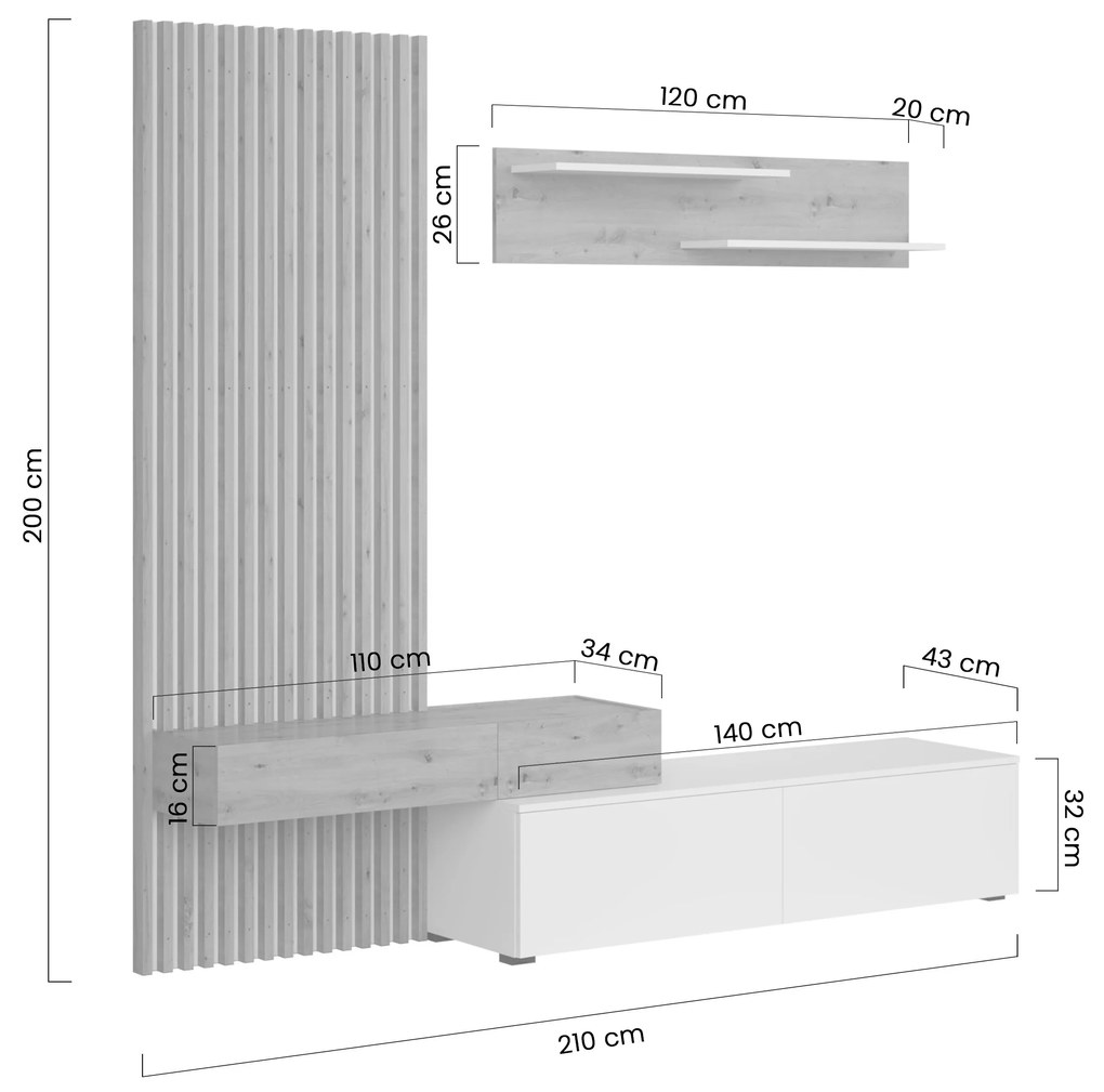 Bibliotecă modulară Lucimo 210 cm cu lamele – negru / stejar artisan