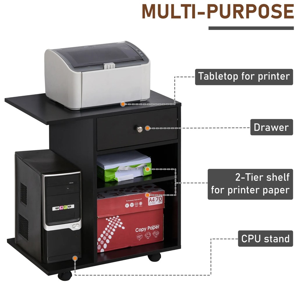 Vinsetto Mobilă Imprimantă Lemn cu Sertar și 2 Etajere, Design Compact, 60x40x68.5cm, Negru | Aosom Romania