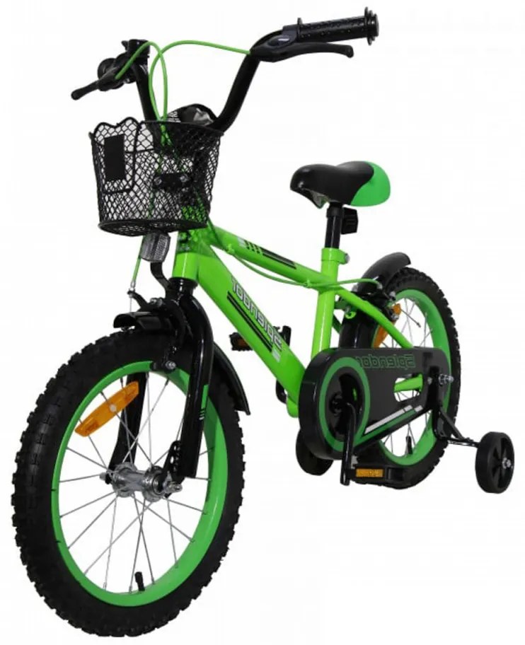 Bicicleta pentru copii NOVOKIDS™ Splend'Or Boom Edition, Cosulet, Roti 14" inch, Max 35 kg, Cadru otel, Roti ajutatoare, Ghidon reglabil, Verde