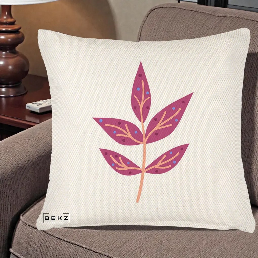 Perna Decorativa Ramura Botanica Mov, 40x40 cm, Crem Reliefat, Husa Detasabila, Perna Inclusa, BEKZ®