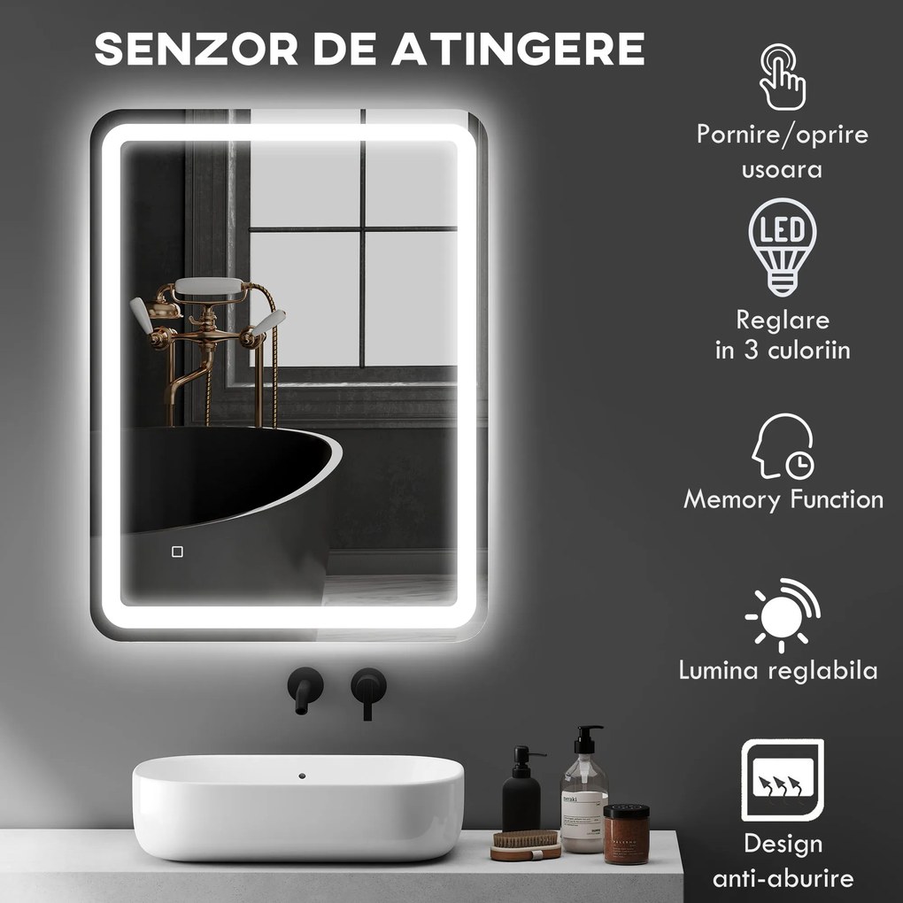 kleankin Oglinda pentru baie cu lumini LED, 70 x 50 cm | Aosom Romania