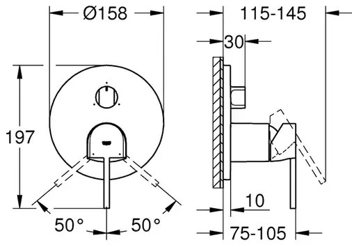 Baterie cada - dus incastrata Grohe Plus 3 iesiri antracit periat Hard Graphite fara corp ingropat