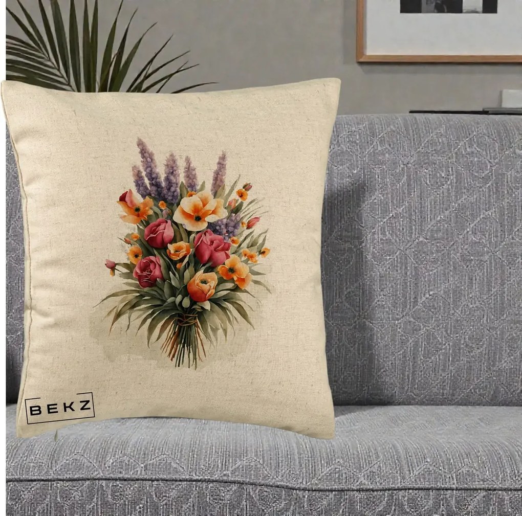 Perna Decorativa Buchet Mixt Acuarela Lavanda-Trandafiri, 40x40 cm, Bej, Husa Detasabila, Perna Inclusa, BEKZ®