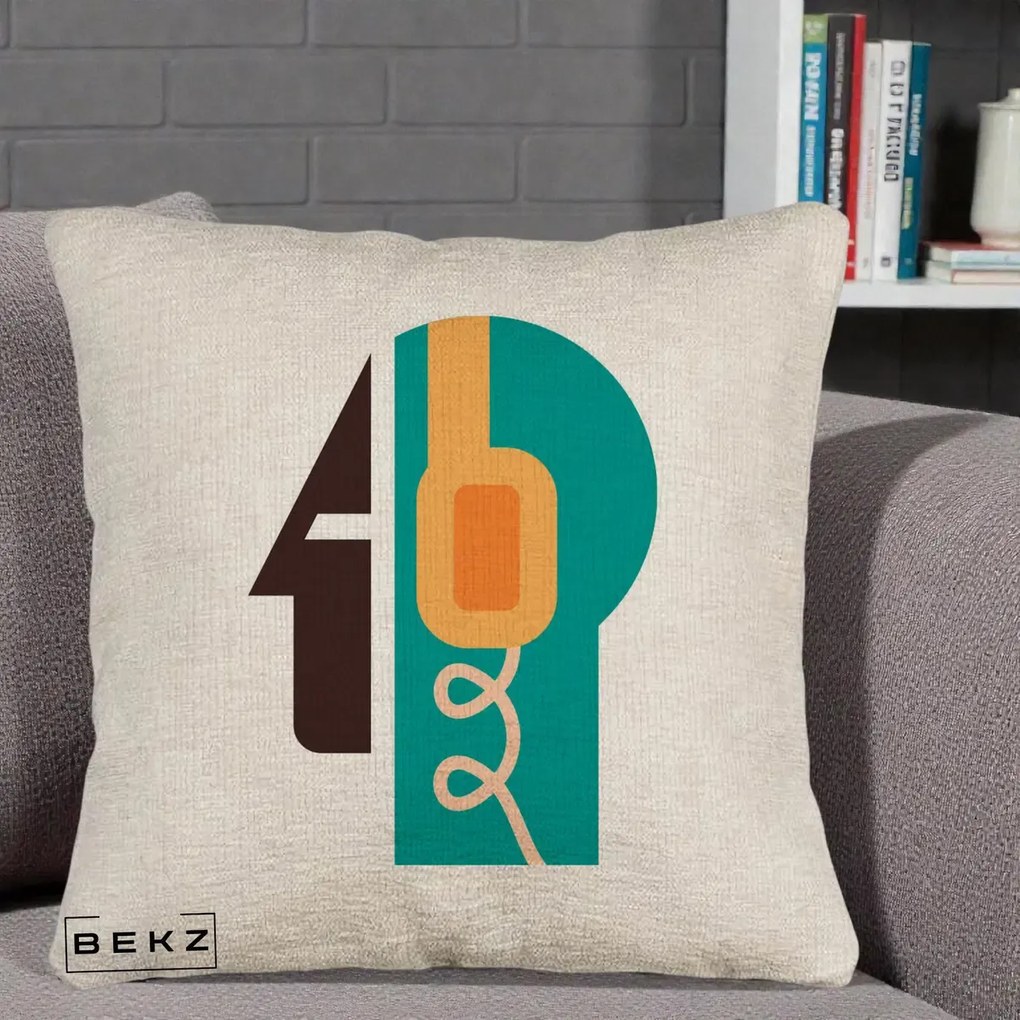 Perna Personalizata Retro Casti Muzicale, 40x40 cm, Bej Canapea, Husa Detasabila, Perna Inclusa, BEKZ®