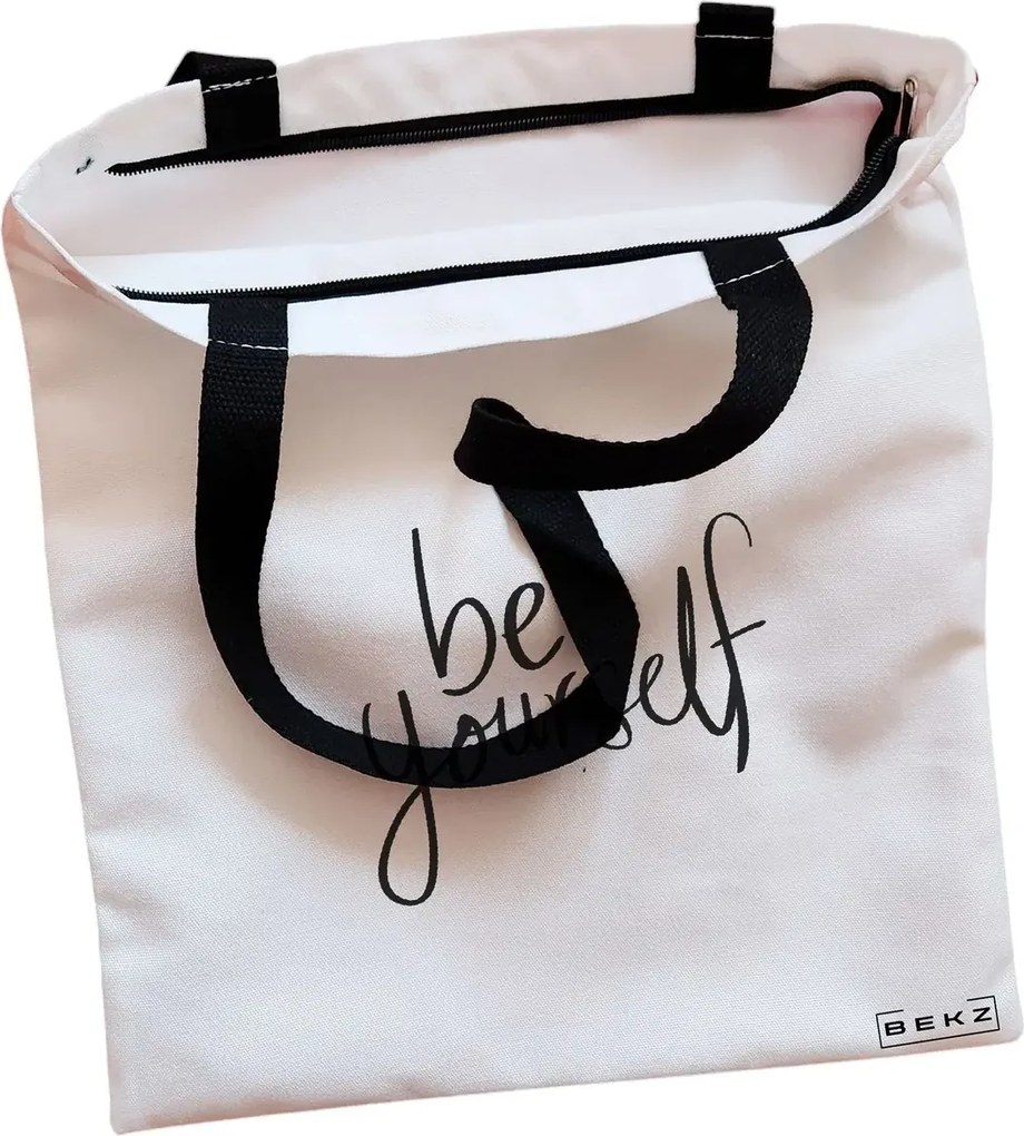 Sacosa de Panza pentru Cumparaturi, Geanta Tote, model Be Yourself, Cu fermoar, 38x34.5 cm, Alba, BEKZ®
