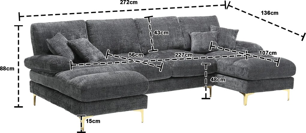 Canapea modulară mare, modernă, în formă de U, din chenille, cu dublu șezlong rabatabil, Gri