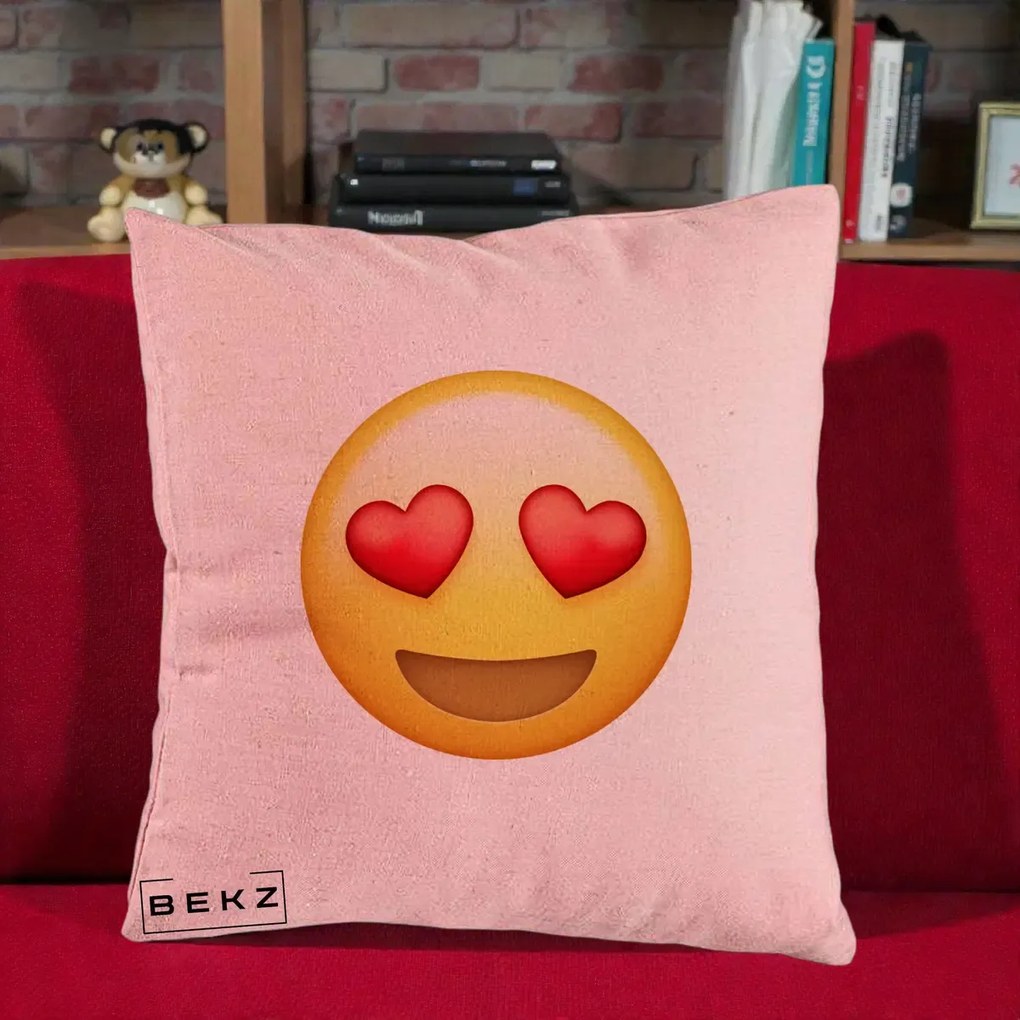 Perna Decorativa Emoji Inimi in Ochi, 40x40 cm, Roz, Husa Detasabila, Perna Inclusa, BEKZ®