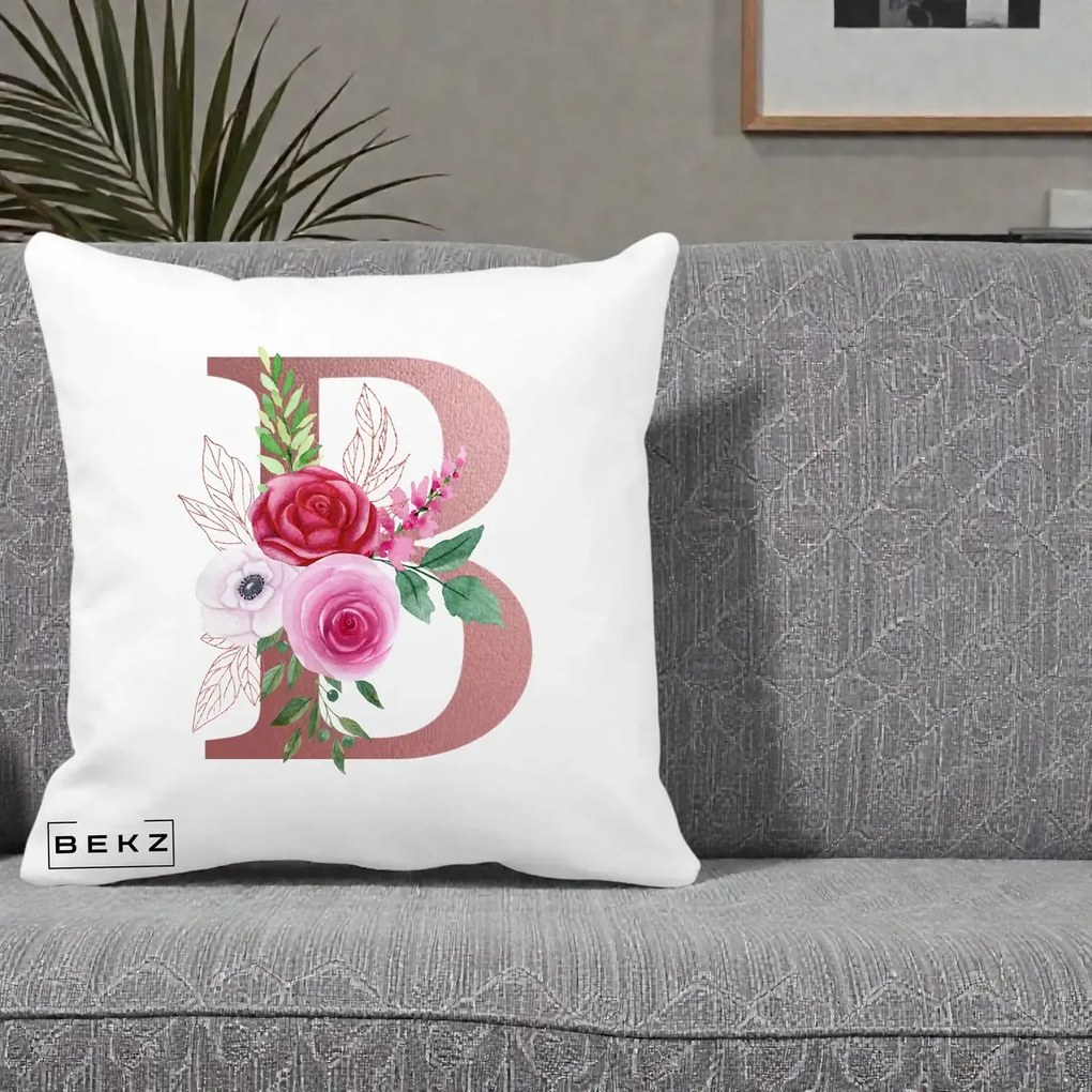 Cadou Personalizat - Perna Personalizata Monograma Rose Gold Litera B, 40x40 cm, Alba Mata, Husa Detasabila, Perna Inclusa, BEKZ®