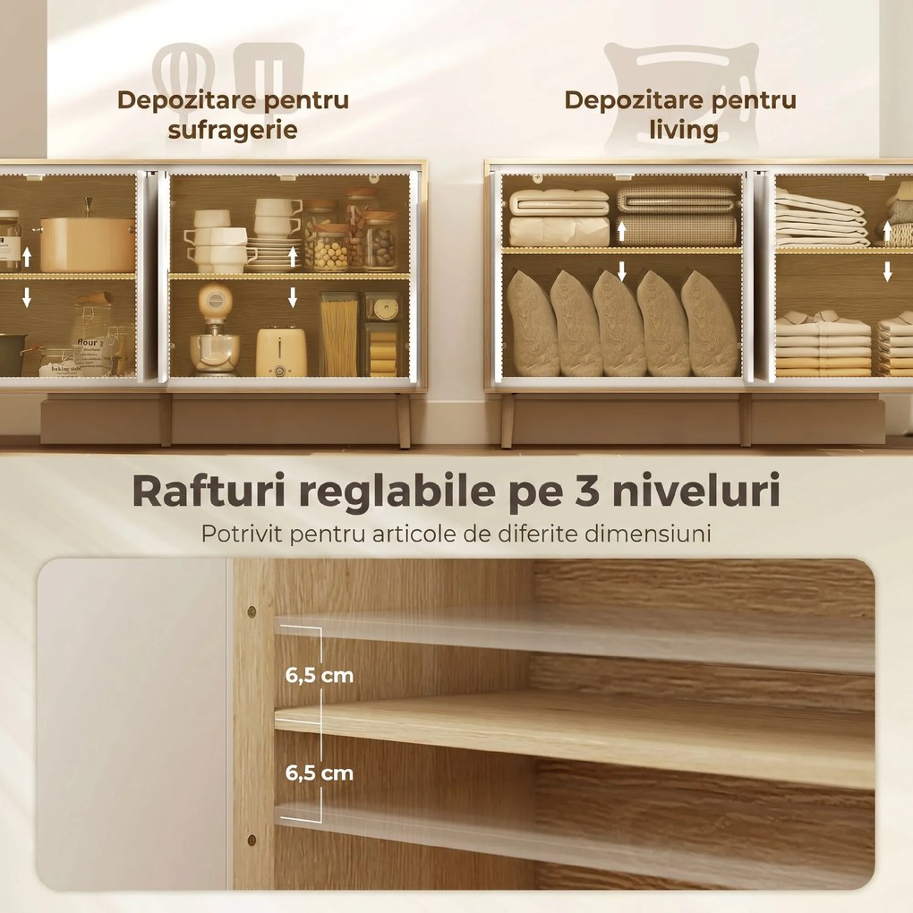 HOMCOM Bufet Modern cu 4 Uși și Raft Reglabil 141x35x77cm Alb și Stejar | Aosom Romania