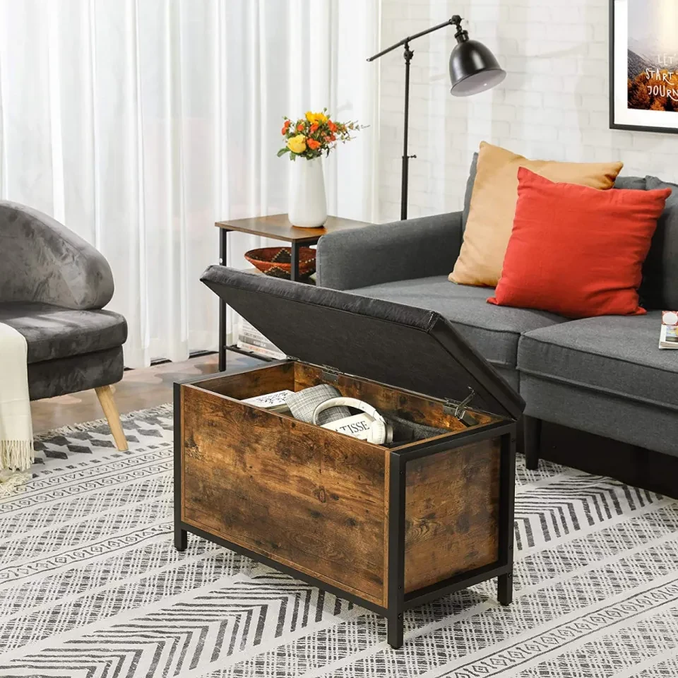 Bancheta cu spatiu pentru depozitare, 80 x 40 x 50 cm, PAL melaminat / metal, negru / maro, Vasagle