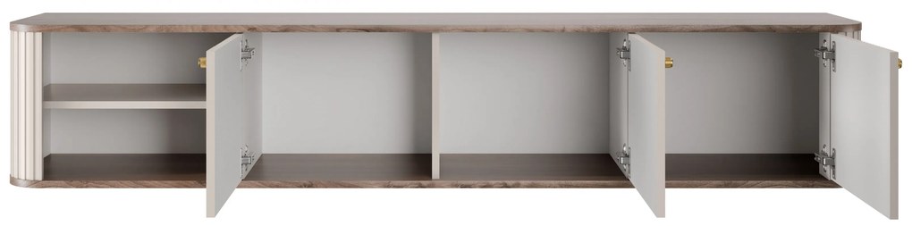 Comodă TV suspendată Vesper 187 cm cu trei uși - casmir / nuc / mânere aurii