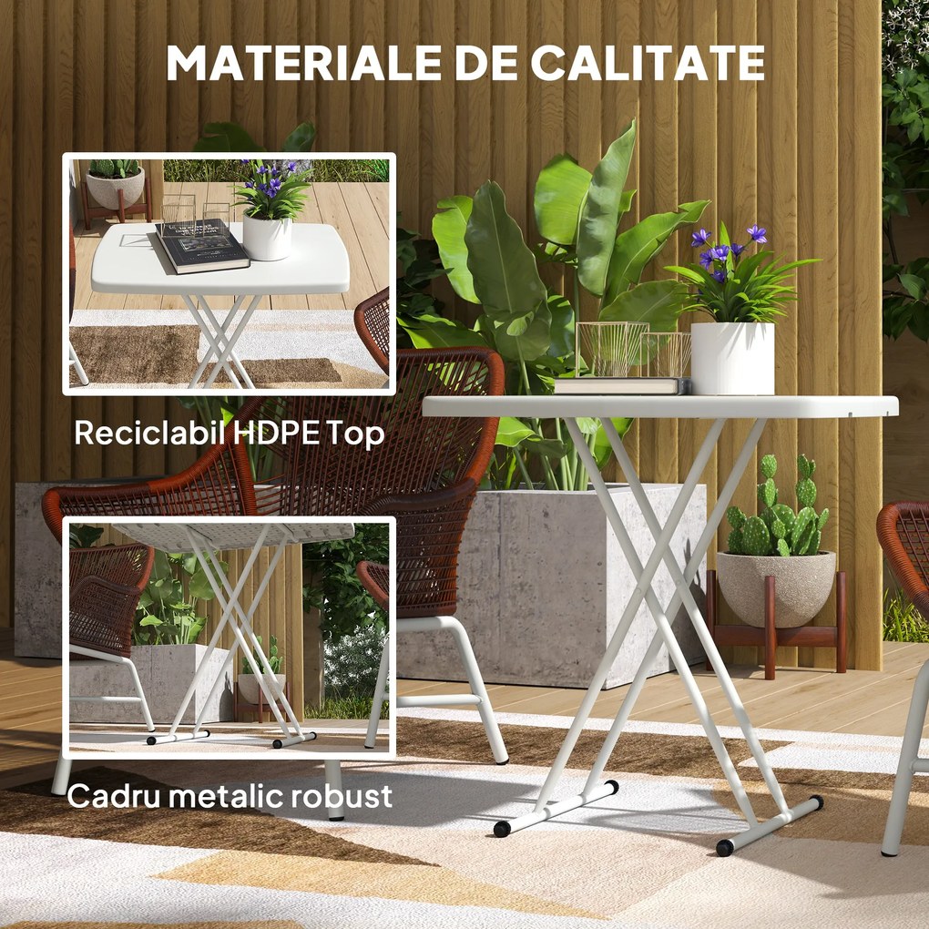Outsunny Măsuță de Cafea Pliabilă, Reglabilă pe Înălțime și Portabilă, cu Blat HDPE și Cadru Metalic, 76x50x74 cm, Alb | Aosom Romania