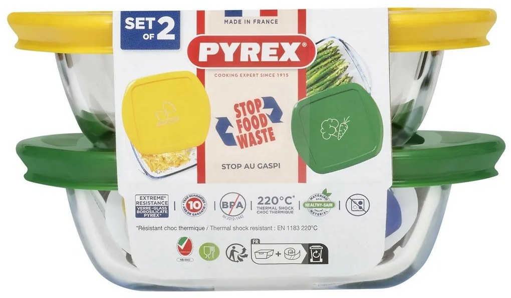 Pyrex Set de 2 recipiente pătrate din sticlă, 0,3l