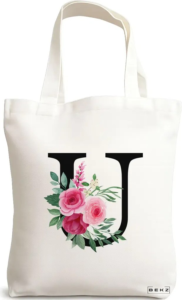 Sacosa de Panza pentru Cumparaturi, Geanta Tote, Cu litera U si Trandafiri, 38x34.5 cm, Alba, BEKZ®
