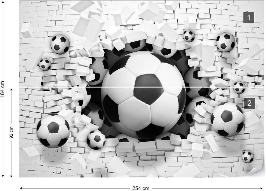 Fototapet GLIX - 3D Footballs Bursting Through Brick Wall + adeziv GRATUIT Tapet nețesute - 254x184 cm